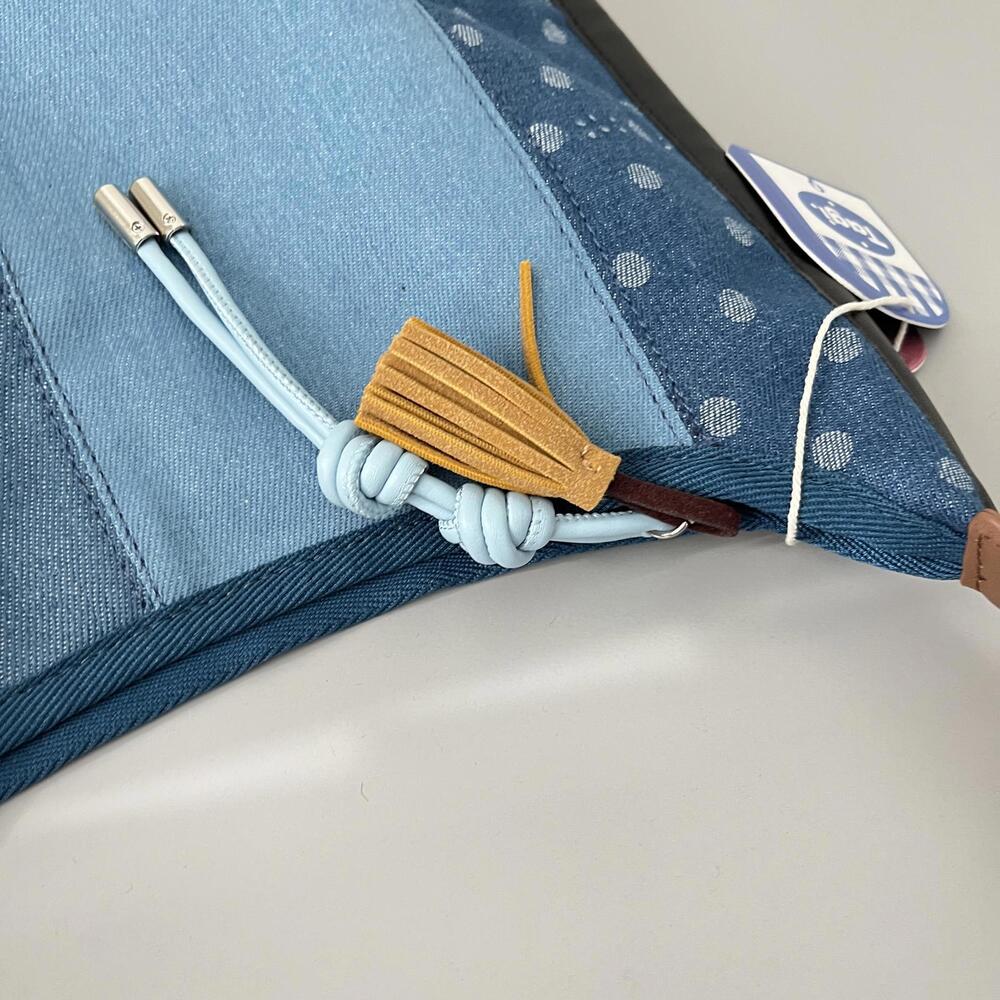 Tag Patchwork Blue Shoulder Cosmetic Bag with Brown Strap - Picture 3 of 5
